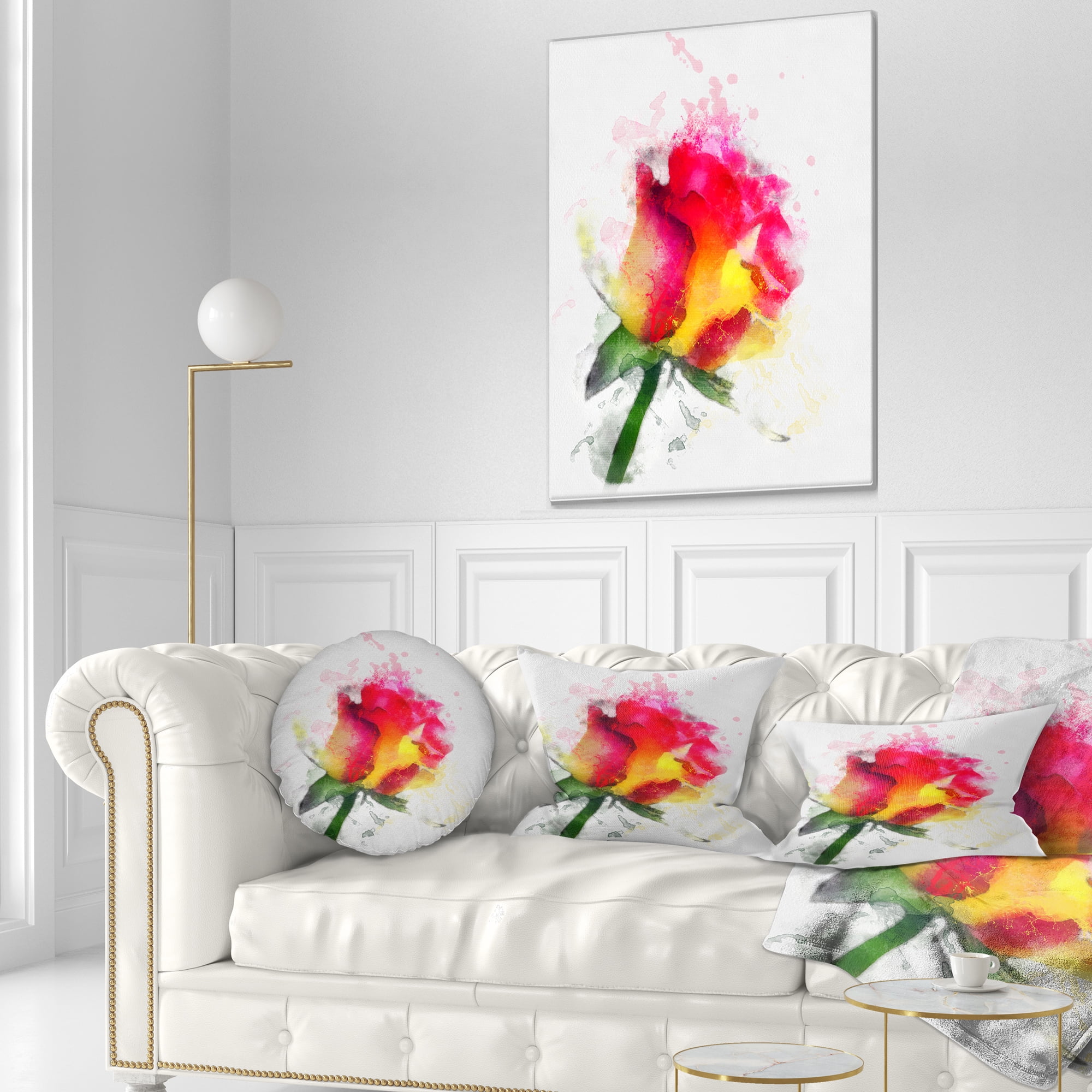 Designart Red Hand drawn Rose Watercolor - Flowers Throw Pillowwork - 12x20