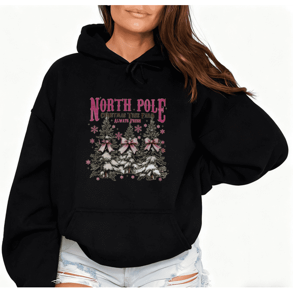 North Pole Christmas Tree Farm Print Hoodie black Graphic Sweatshirt S-2XL Holiday Tops