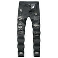 thumbnail image 4 of OUSITAID Men Ripped Jeans Letter Embroidery Pattern Stretch Skinny Zipper Solid Color Straight Leg Pencil Pants, 4 of 5