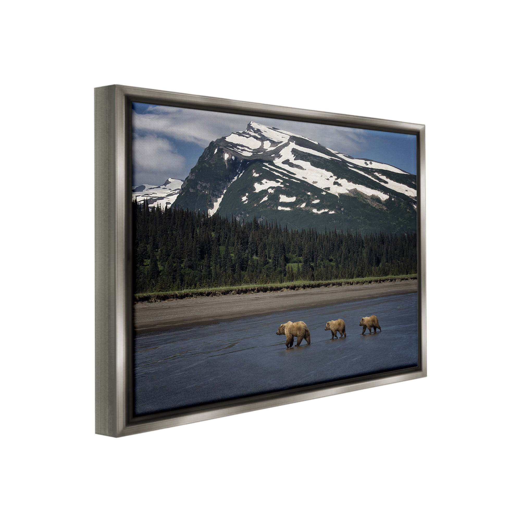 Stupell Industries Bears Crossing Icy River Landscape Photography Gray Floater Framed Canvas Art Print Wall Art, 21 x 17