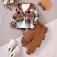 thumbnail image 2 of Duqingm Toddler Baby Boy Clothes Contrast Color Boy Fall Winter Outfit Long Sleeve Letter Plaid Hoodie Sweatshirt Plaid Jogger Pants Plaid Hoodie Set (Brown,2-3 Years), 2 of 7