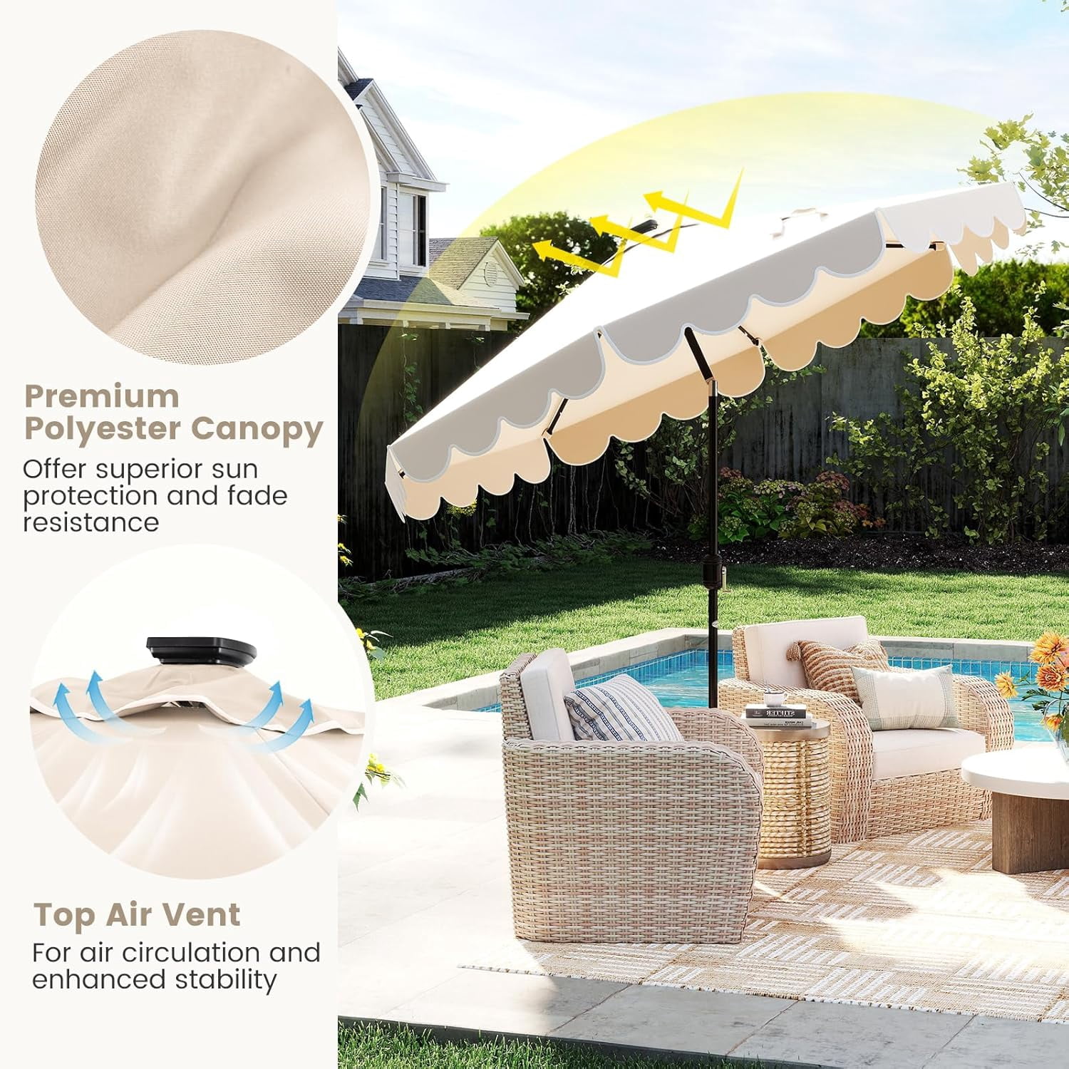 ZYPPP  9 FT Solar Patio Umbrella, 2-Tiers Scalloped Outdoor Table Market Umbrella with 32 LED Lights, Vented Top, Tilt Adjustment, Crank, 8 Ribs for Backyard Poolside Deck Beach Lawn (Beige)