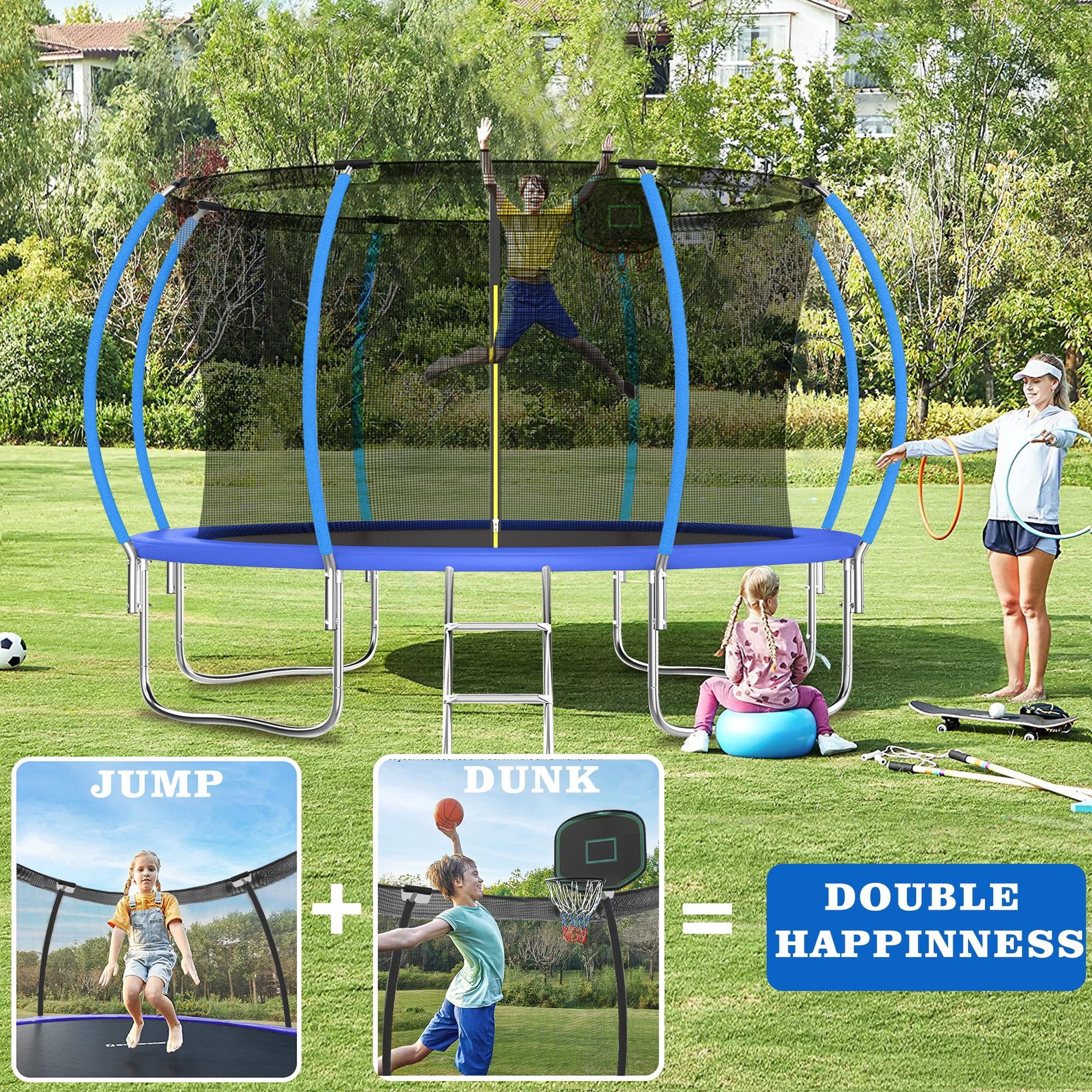 144IN Trampoline for Kids, Seizeen Outdoor Trampolines with Enclosure, 2-IN-1 Large Trampoline with Basketball Hoop, Round Trampoline Anti-collision Curved Design for Backyard Play, Blue