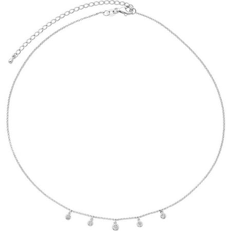 STERLING SILVER DIA ACCENT 0.014 CTTW MIRACLE PLATE DANGLE CHOKER 14 NECKLACE WITH 3 EXTENDER
