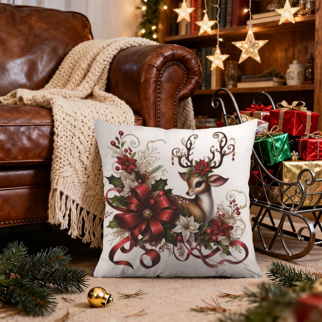 Funda de Cojín con Estampado de Renos Navideños | Terciopelo Corto | Multicolor | 45X45X1 Cm | 80 G | Decoración Festiva para Sofás y Cabeceros