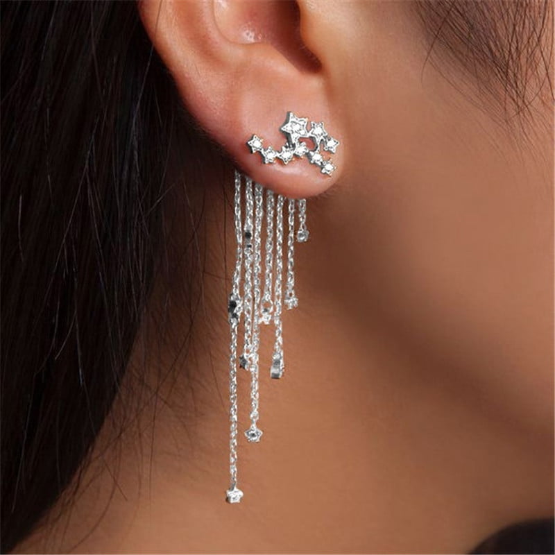 Earrings Real 925 Sterling Silver S/F Ladies Hook Long Drop Dangle Star Design