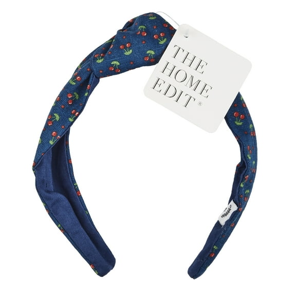 The Home Edit Knotted Cherry Print Canvas Headband, Navy Blue