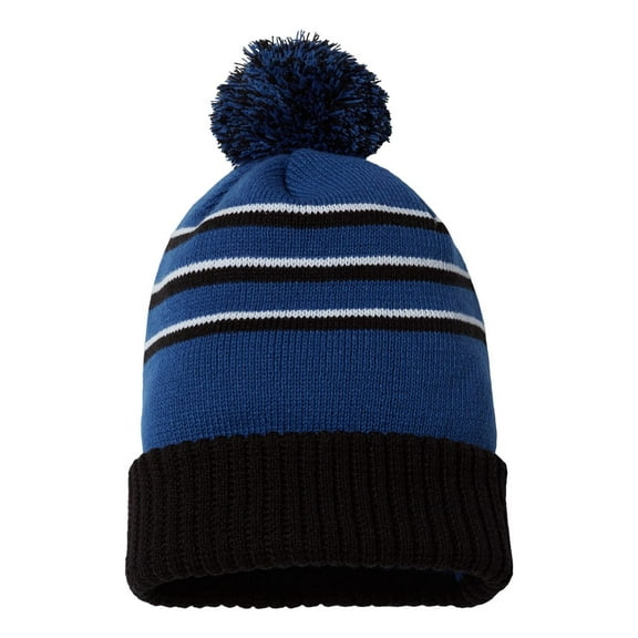 Richardson - Stripe Pom Cuffed Beanie - 134 - Royal/ Black/ White - Size: One Size