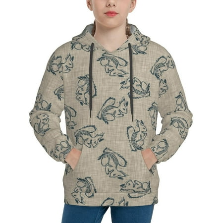 Rateoe Sketch Squirrels Linen Pattern Boys Hoodie Youth Pullover Hooded Sweatshirt Kangaroo Pocket Hoodie for Kids-