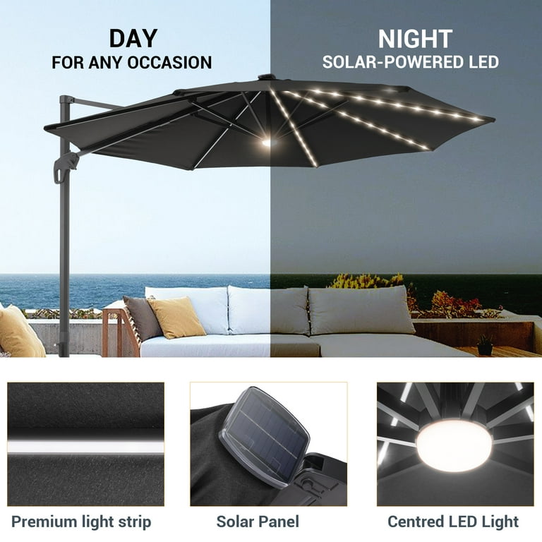 Flame&shade 11 ft LED Patio Cantilever Umbrella Outdoor Aluminum Offset Hanging Rotation w/Solar Lights,Black Flame&shade 11 ft LED Patio Cantilever Umbrella Outdoor Aluminum Offset Hanging Rotation w/Solar Lights,Black