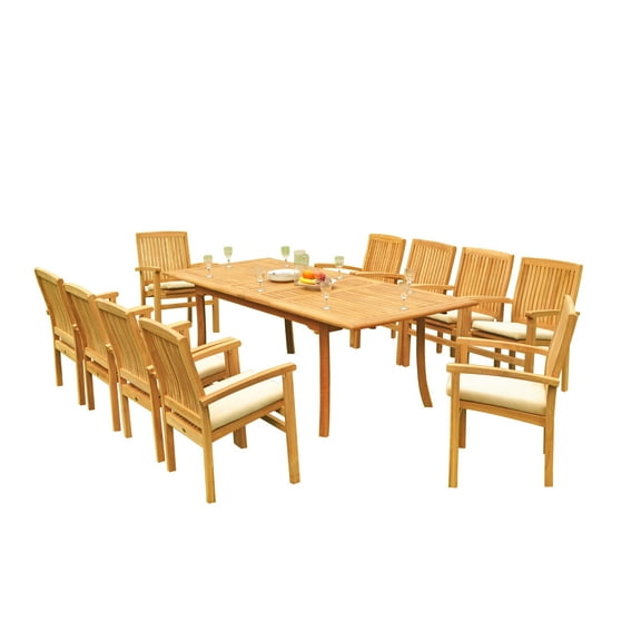 Grade-A Teak Dining Set: 10 Seater 11 Pc: 94" Rectangle Table And 10 Wave Stacking Arm Chairs Outdoor Patio WholesaleTeak #51WV2011