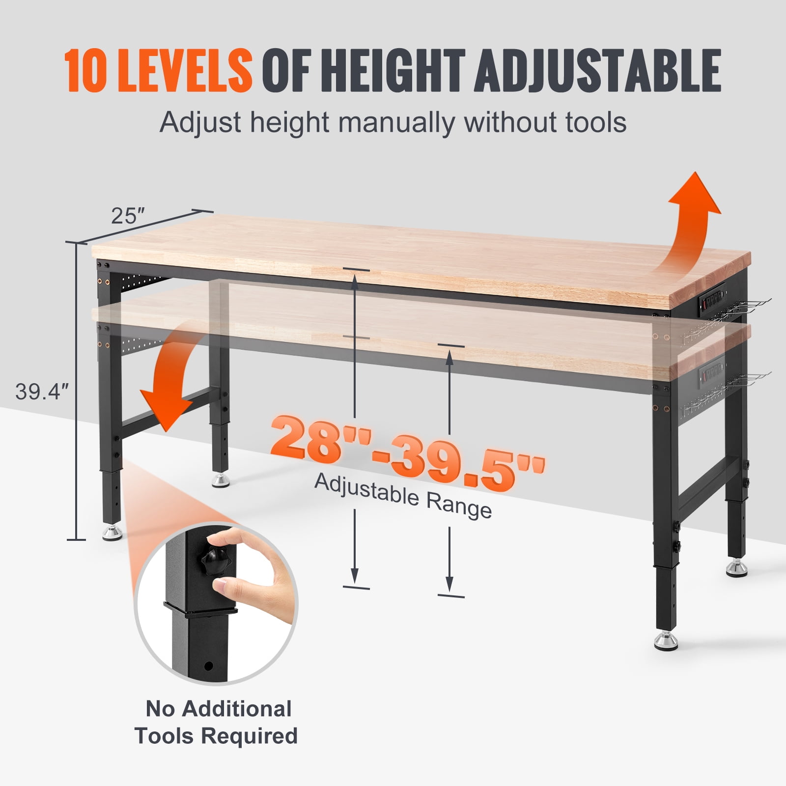 KFFKFF Adjustable Height Workbench 72"L x 25"W Work Bench Table w/ Power Outlets