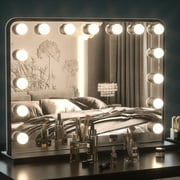 Keonjinn Hollywood Makeup Mirror Black Vanity Mirror with Lights, 23x18 Large Bedroom Makeup Mirror with Lights 15 Replaceable LED Bulbs Dimmable 3 Color Lighting Modes