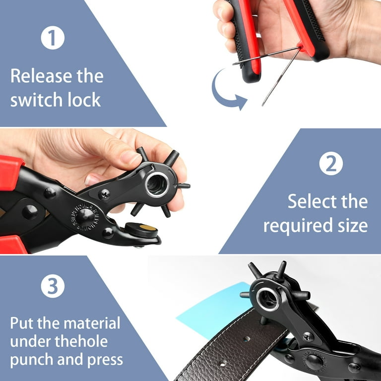 Heavy Duty 6-in-1 Belt Hole Puncher Tool – 3 Round, 2 Flat, 1 Oval Holes | Non-Slip Rotating Punch Plier Kit For Leather, Vinyl & More