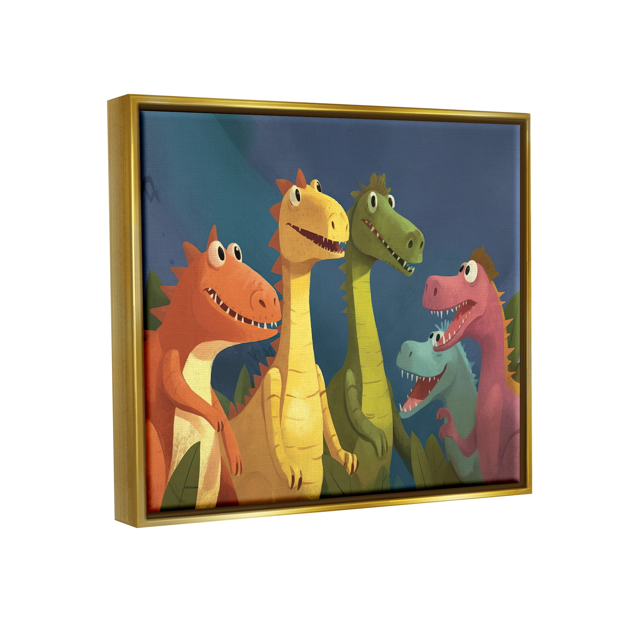 Stupell Industries Happy Dinosaur Friends Animals & Insects Painting Gold Floater Framed Art Print Wall Art, 31 x 25