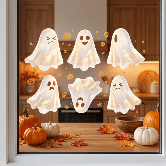 Rubber Removable Ghost Window Stickers,Halloween Decorations, Washable Static Halloween Window Clings With Pumpkin Star Skull, Cute Cartoon Decor For Indoor Glass Door Fall Harvest Layout