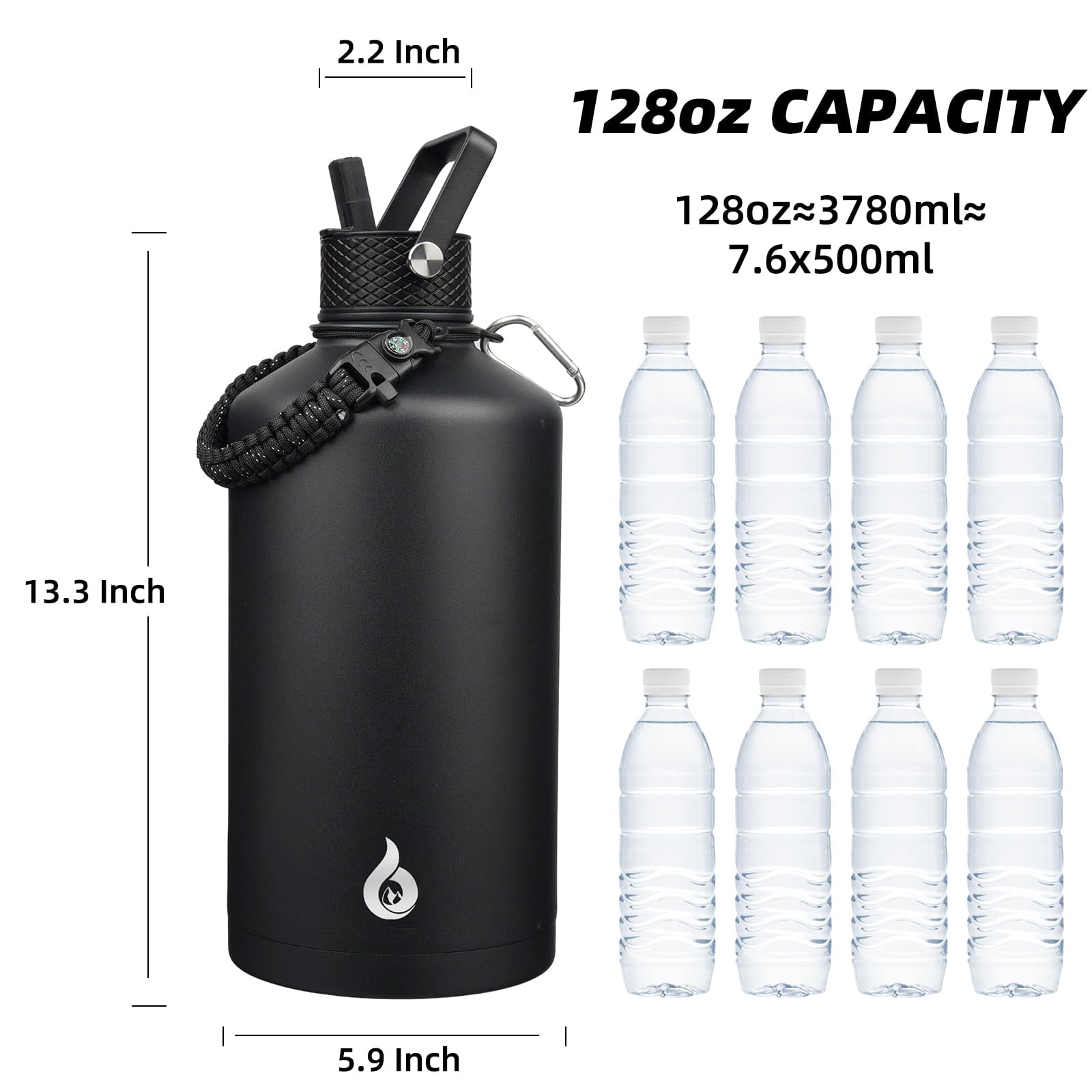 BJPKPK One Gallon Insulated Water Bottles with Straw Lid, 128oz Large, Stainless Steel Water Bottles with 3 Lids and Paracord Handle for Hot & Cold Liquid, Black
