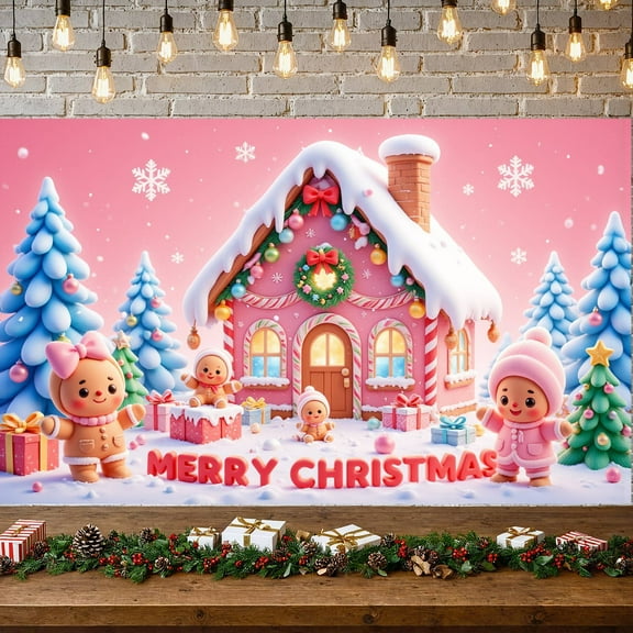 Pink Christmas Banner Gingerbread House Xmas Display Gingerbread Man Christmas Tree Gingerbread Backdrop for Christmas Party Holiday Decoration Home Decor