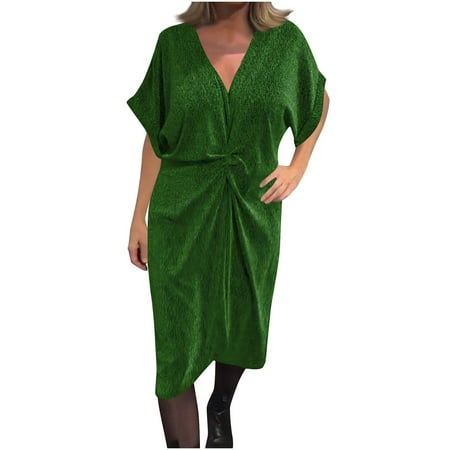 asdoklhq Plaid Dress Short Sleeve Women s Casual V-Neck Glossy Mid-Length and Short-Sleeved Dress Green 3X