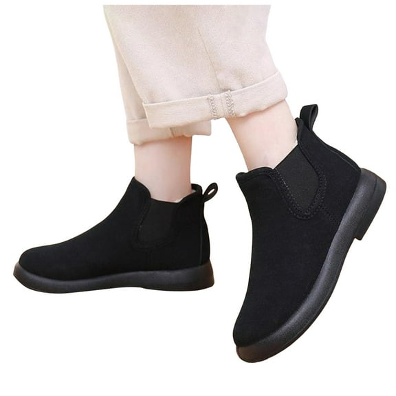 Women's Winter Snow Boots Comfortable Fashion Casual Fleece Lined Suede Wide Feet Walking Flats Slip on Chelsea Ankle Booties Black Size 6.5