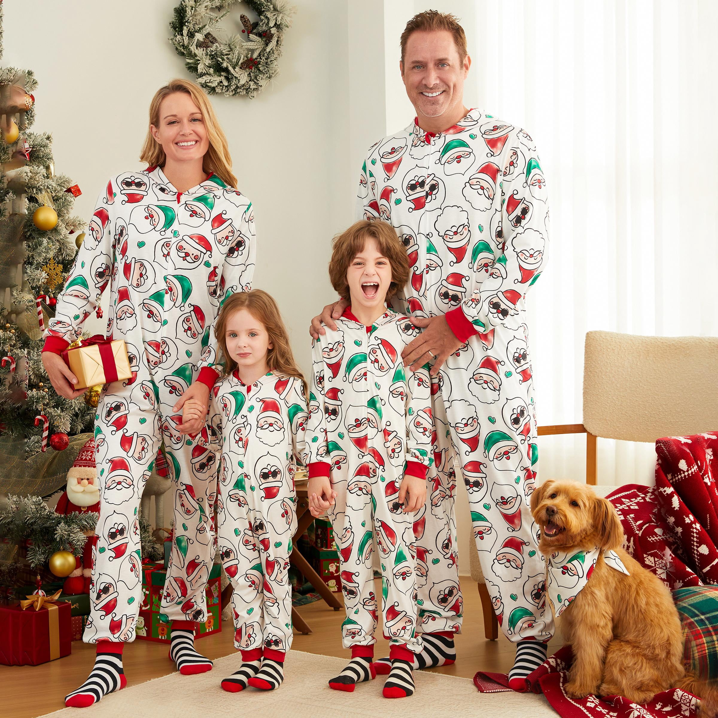 PatPat Christmas Family Matching Pajamas Holiday Couple Onesies for Men Allover Santa Claus Print Long Sleeve Hooded Zipper One Piece Pjs with Socks, M