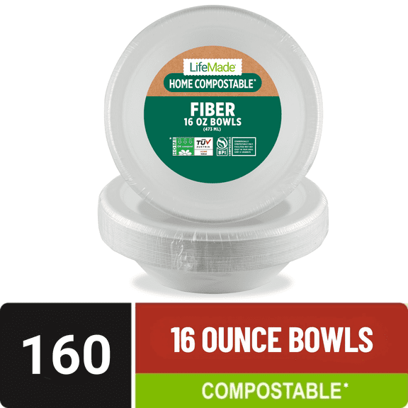 LifeMade 160 Count 16 oz Bowls Compostable Heavy-Duty Fiber, Home and Commercial Disposable