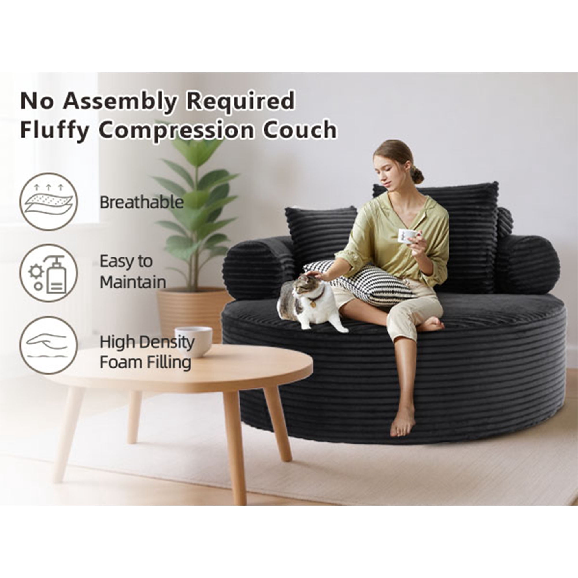 Miniyam 55.5" W Round Oversized Chaise Lounge Indoor with Memory Foam Sofa for Living Room, Cloud Couch with 3 Pillows, Black