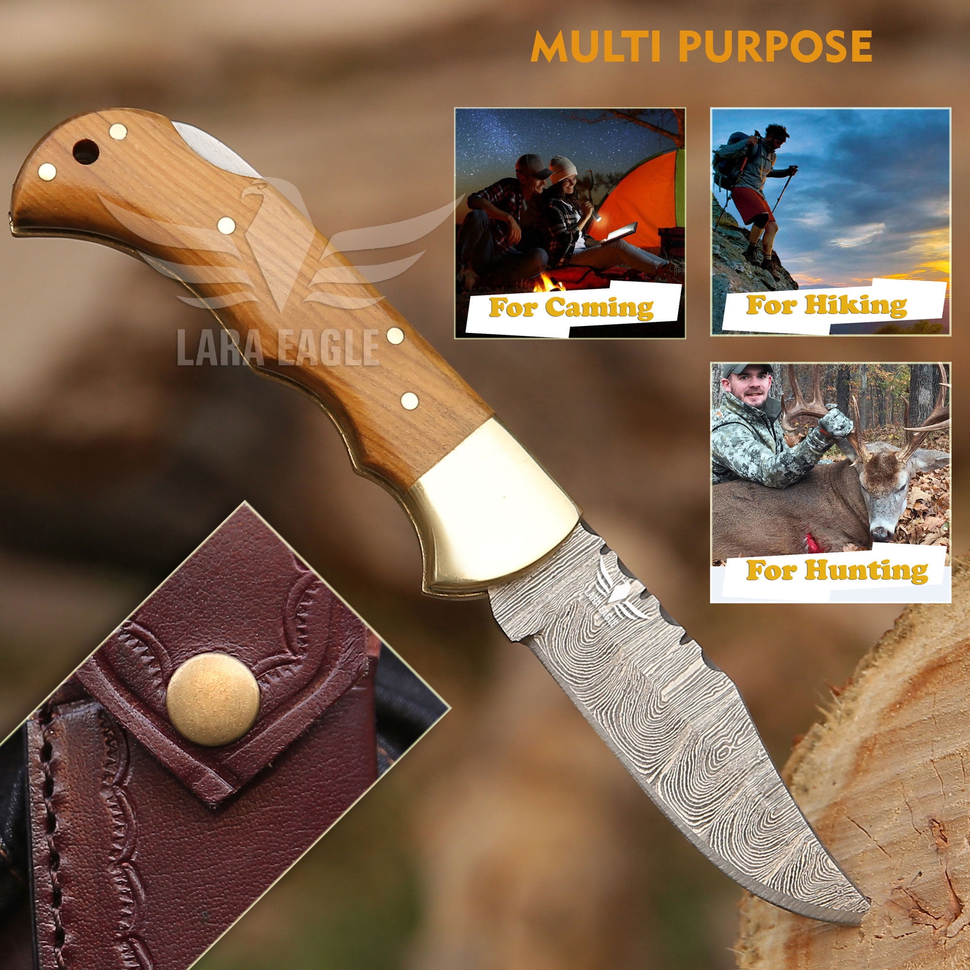 Lara Eagle Damascus Pocket Knife for Men - 133 Layer Solid Steel Handmade Light Brown Folding Hunting 3 inch Blade with Sharpener and Leather Pouch - Knife for Camping Hunting Hiking