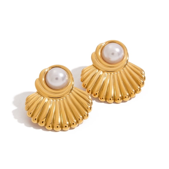 PISONIC Bold Gold & Pearl Statement Earrings for Women 18K gold plated – Vintage-Inspired Fan-Shaped Dangle Earrings – Elegant Jewelry for Weddings, Parties & Special Occasions