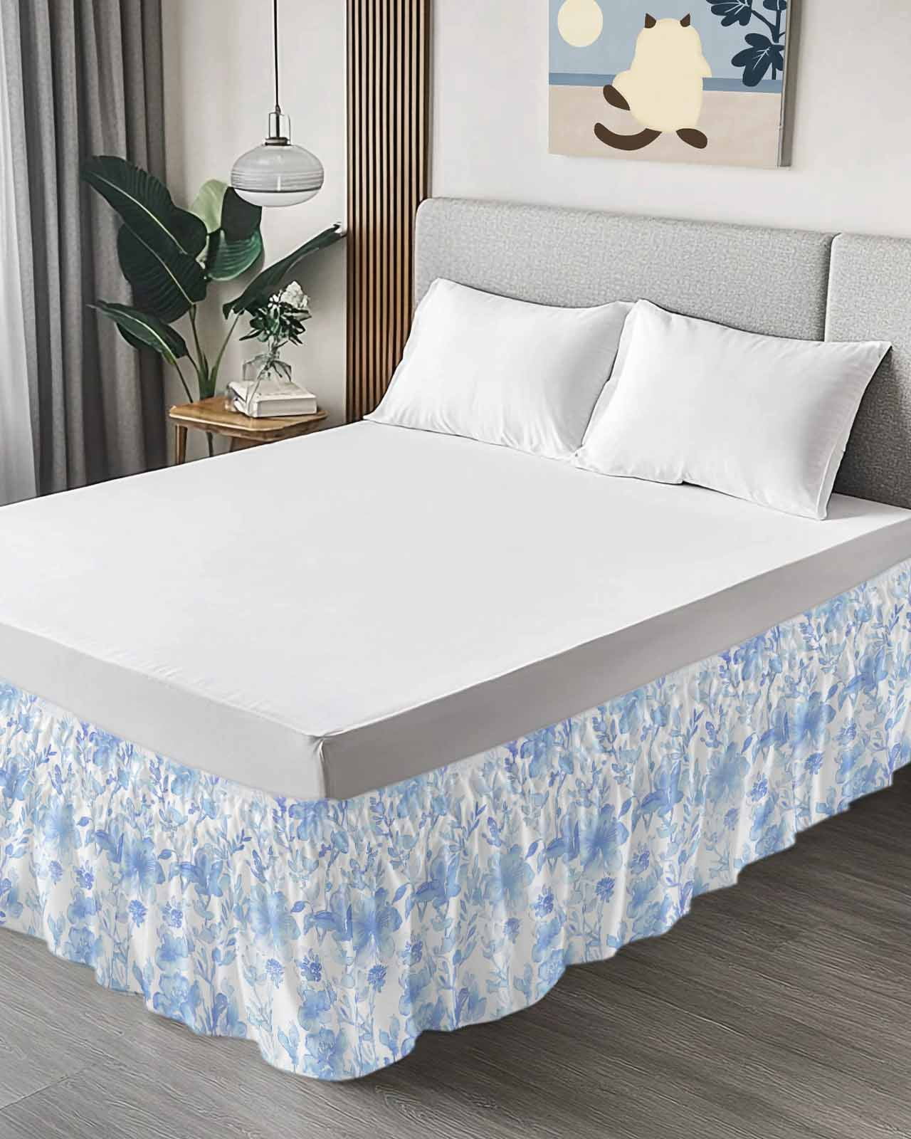 Abstract Blue Floral Bed Skirt Watercolor Plants Flowers Leaf Bed Skirts Queen Size 16 Inch Drop, Wrap Around Dust Ruffle&nbsp;Bedskirt with Adjustable Elastic Belt for Queen Size Beds