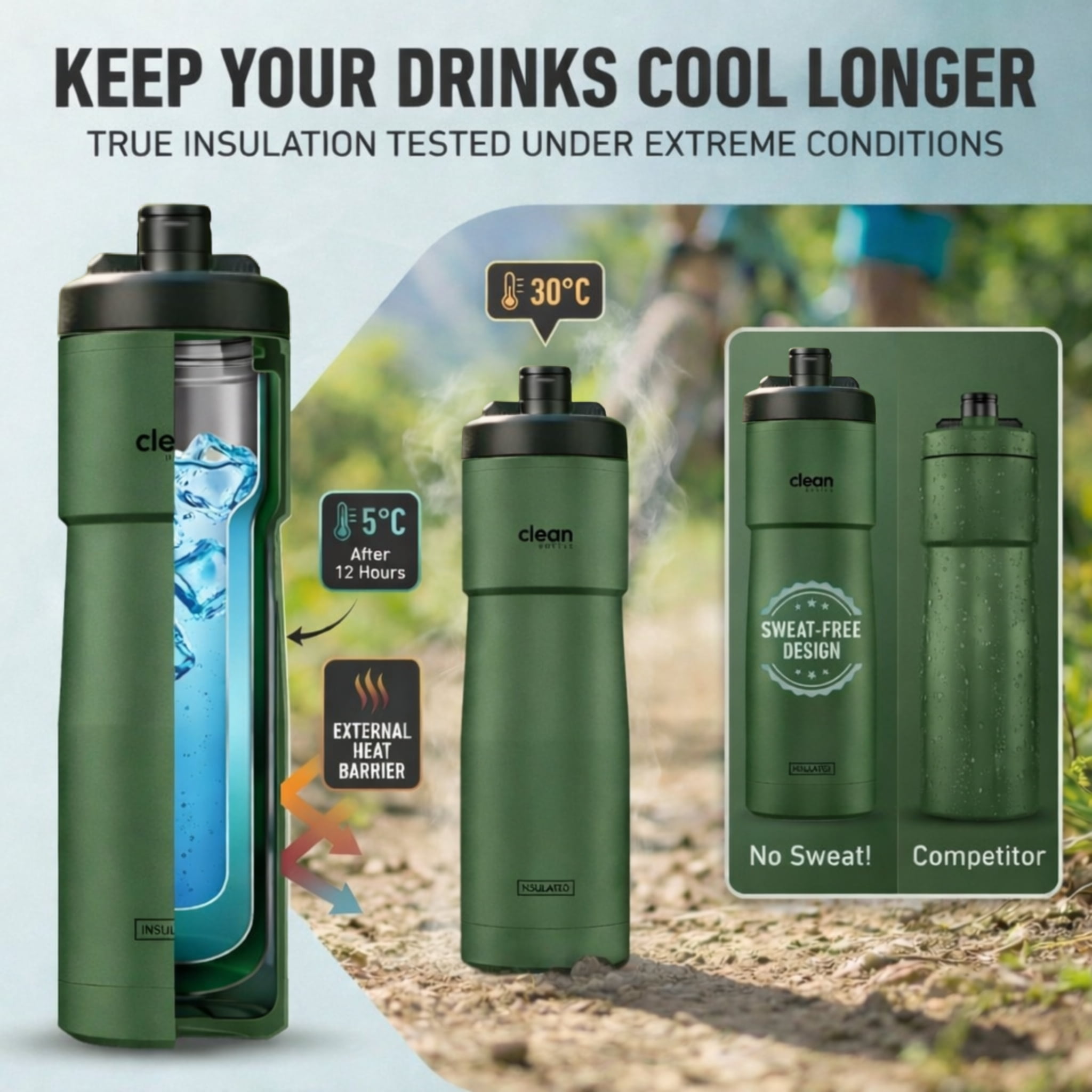Clean Bottle 23 oz Sport Insulated Bike Water Bottle with Easy-Squeeze Nozzle Matte Green
