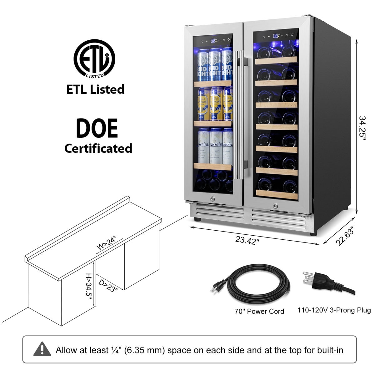 24" Wine and Beverage Refrigerator 20 Bottle 60 Can Dual Zone Built-In/Freestanding Classic Beverage Wine Cooler