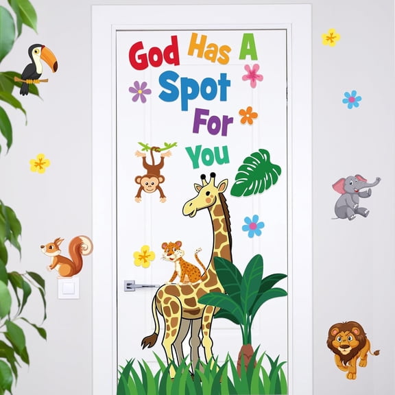43 Pcs Sunday School Classroom Door Decor Bulletin Board Set God Has a Spot for You Door Decor Jungle Safari Cutout for Classroom Back to School Educational Learning Activities