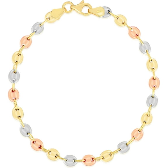 Floreo 14k Tri-Color Gold 4.7mm Puff Anchor Mariner Chain Bracelet, 7.25 Inch