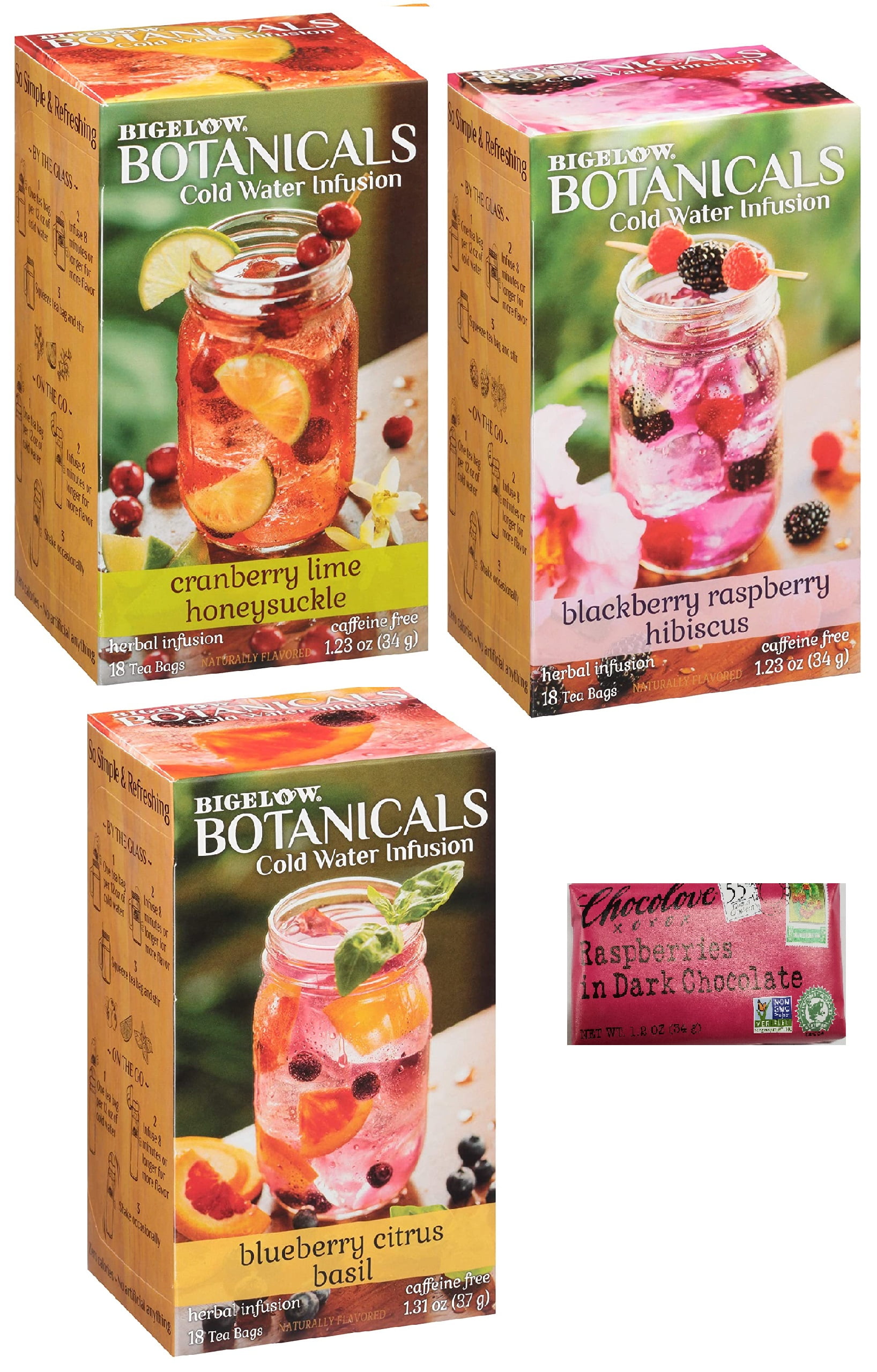 Bigelow Botanicals Variety Pack |18 Count Box (Pack of 3), Herbal Infusion water, 54 Tea Bags Total. |Berry lovers|Cranberry, Blackberry, Blueberry| Chocolate Bonus