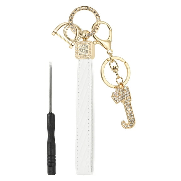 Leather Wristlet Keychain, Crown Design Letter J Keychains with Key Ring and D Ring Car Keys Keychain Decorative Alphabet Key Chain for Bag Backpack DIY, Gold Tone