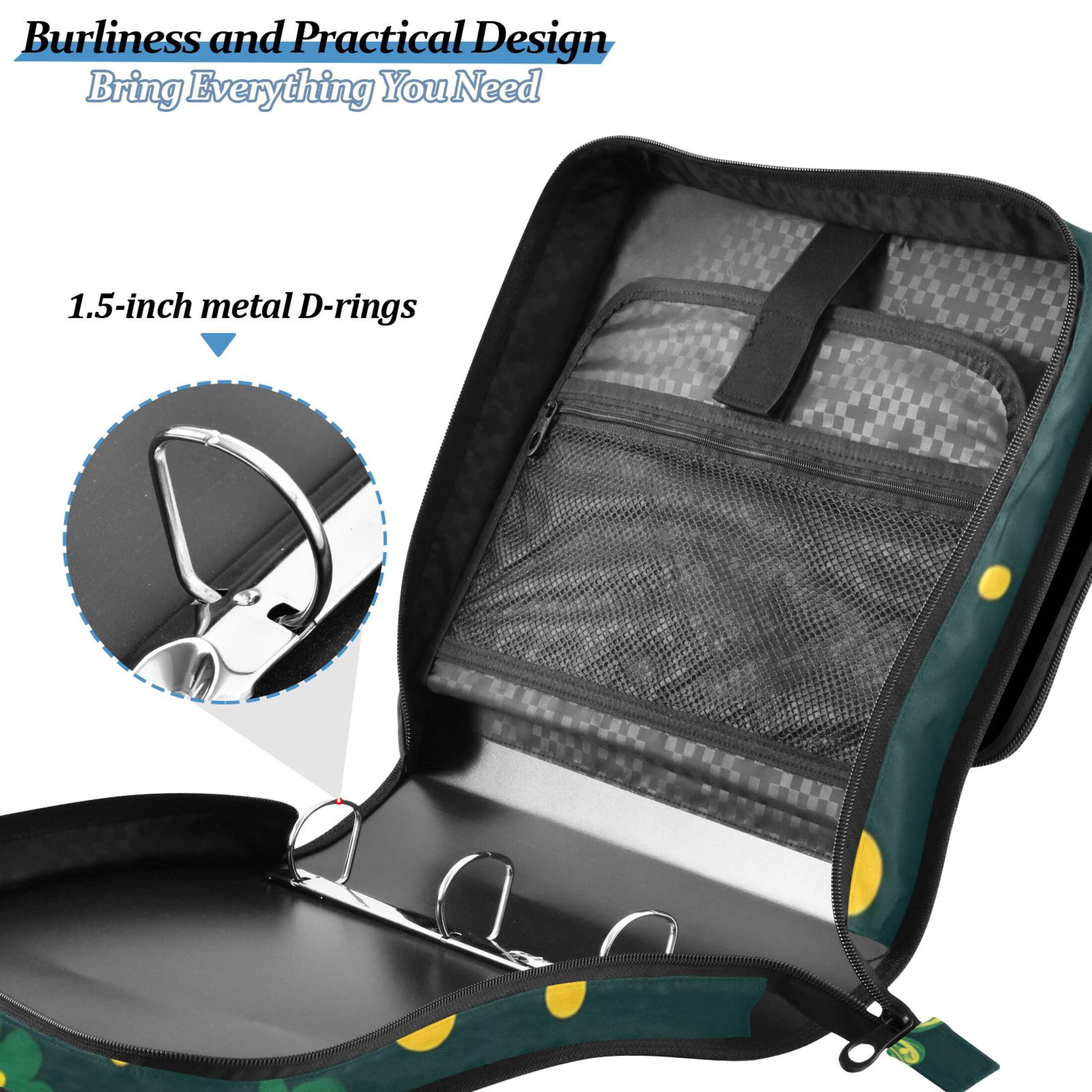 3 Ring Zipper Binder with Shoulder Strap Waterproof Trapper Keeper 2 Inch D-Ring 500 Sheets Capacity Clover and Dots