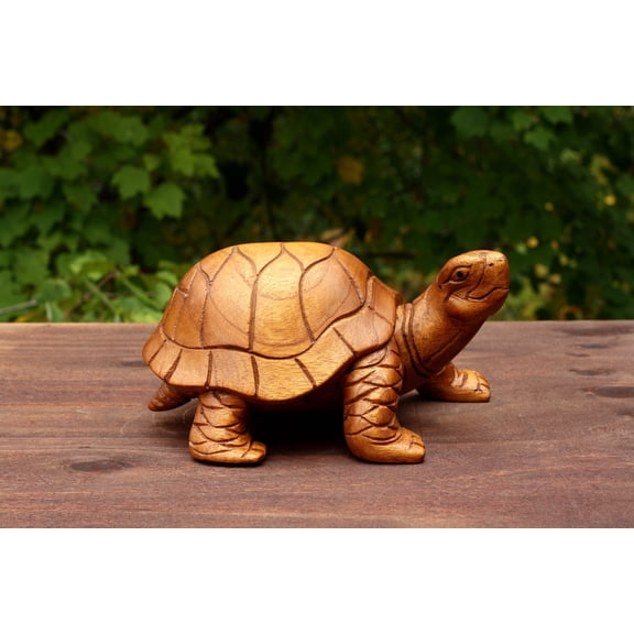 G6 Collection Hand Carved Wooden Turtle Statue, 8 Inch, Natural Rain Tree Wood