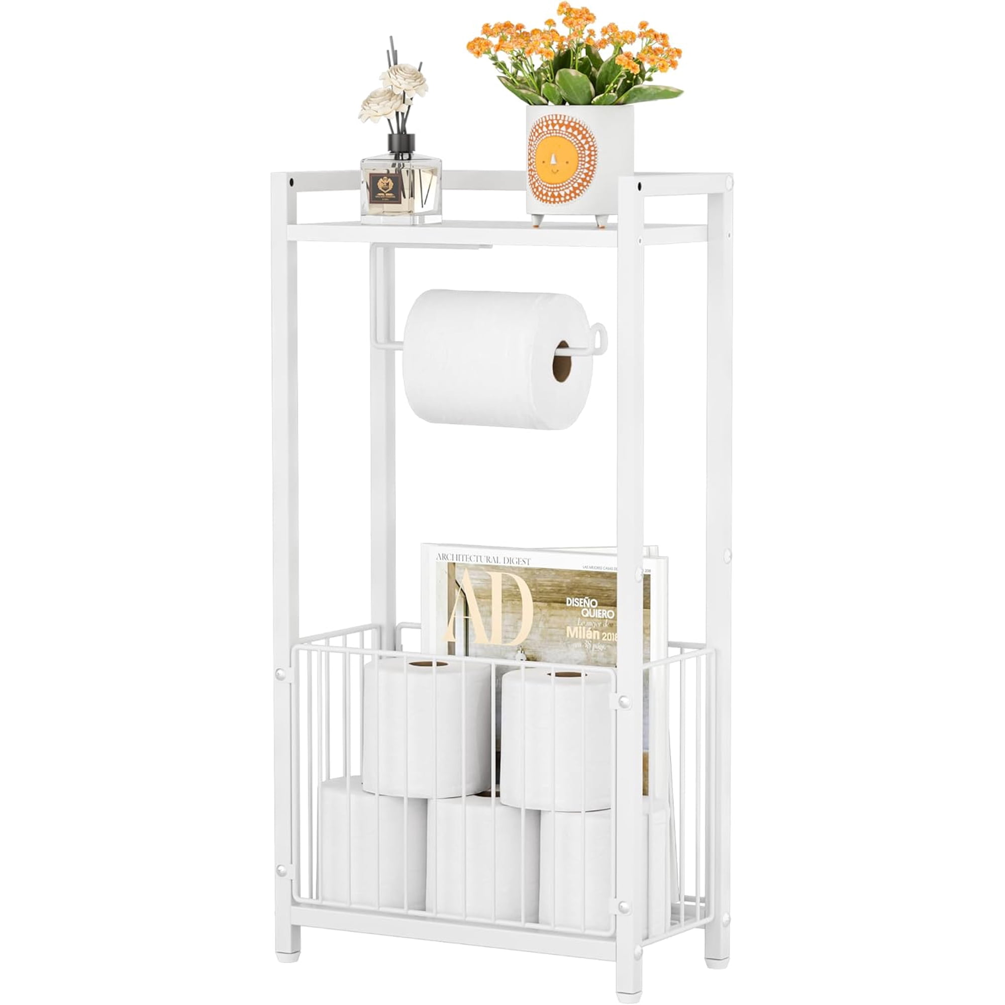 Freestanding Toilet Paper Holder with Storage Shelf - Bathroom Tissue Stand with Space for Phone Wipes Magazines – All-in-One Toilet Roll Dispenser and Organizer (White)