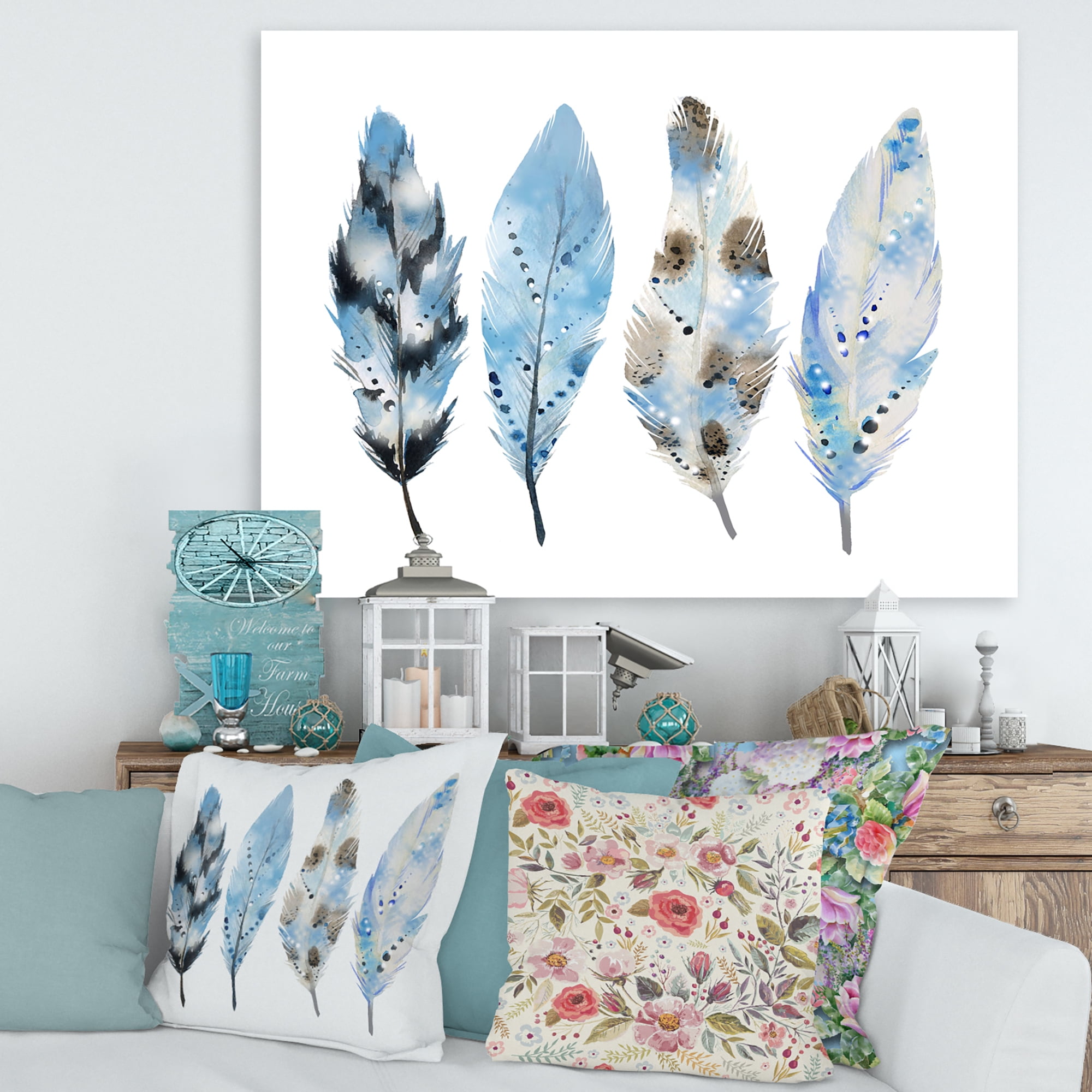 Designart ' Abstract Blue Boho Feathers I ' Bohemian & Eclectic Canvas Wall Art Print
