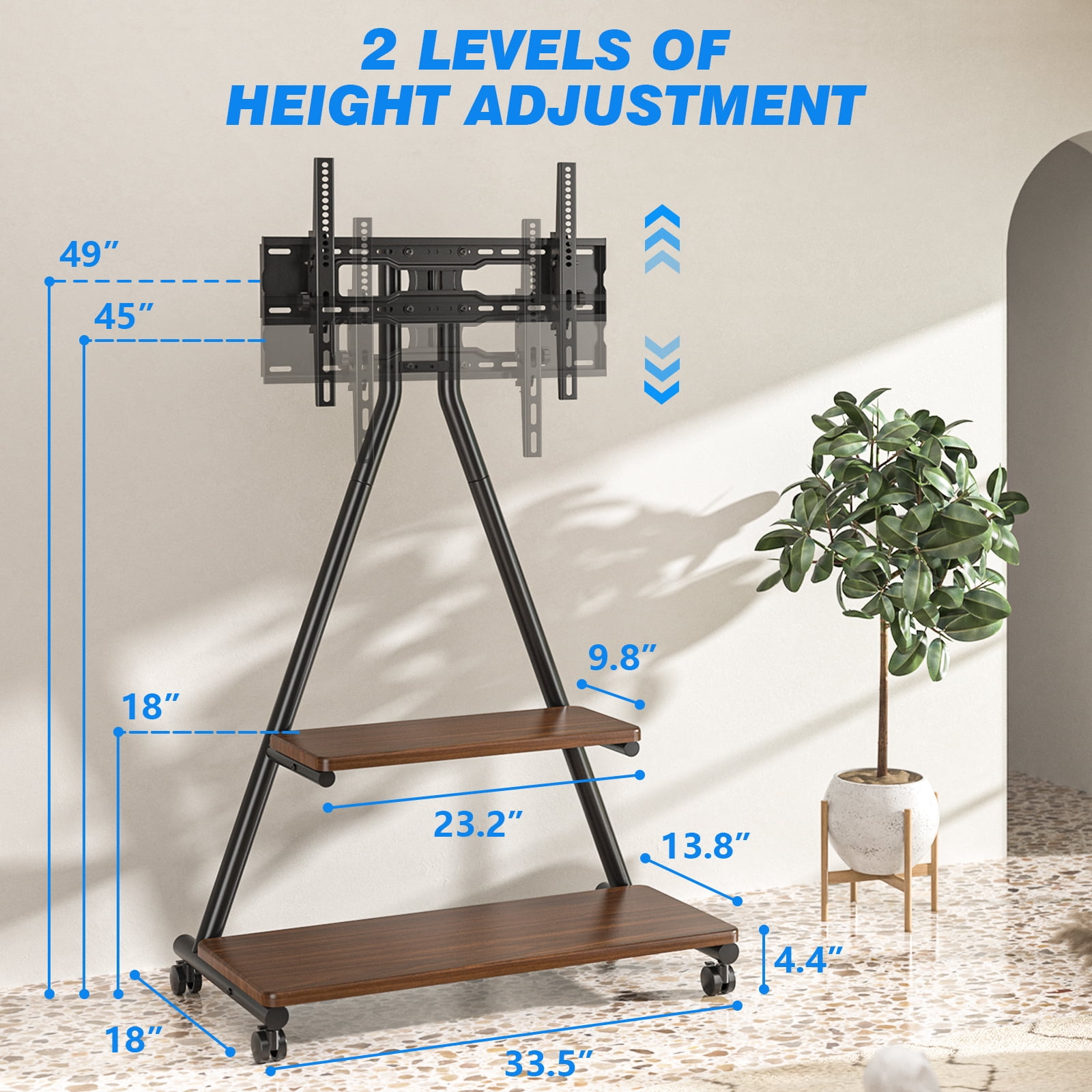 TAVR Furniture Rolling TV Stand for 43-80 inch, Portable TV Stand on Wheels with Enhanced Triangular Design up to 150lbs, Height Adjustable, Brown
