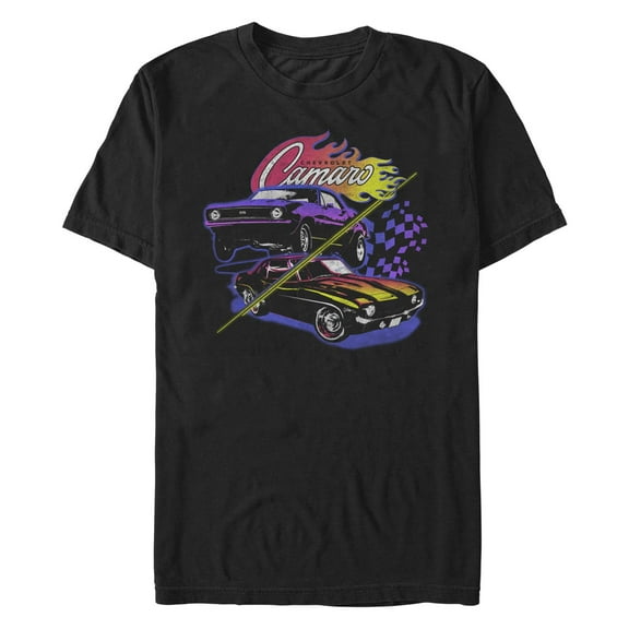 Men's General Motors Purple and Black Hotrod Camaros Graphic Tee Black Large