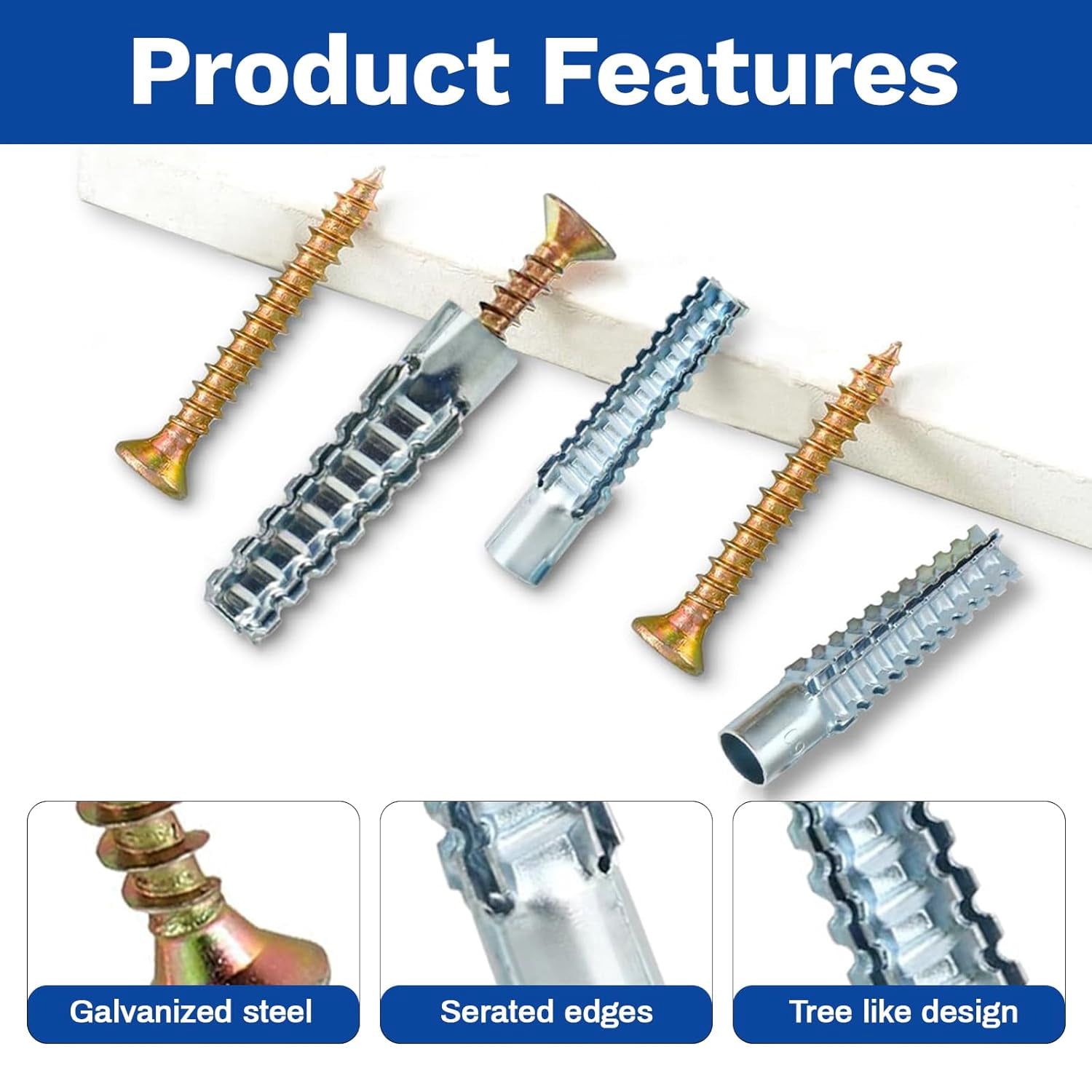 100 Pcs M3 M6 Tree Shaped Steel Hollow Wall Anchor with Screws, Metal Expansion Screws for Concrete and Drywall, Loose Hinge Hole Repair Kit