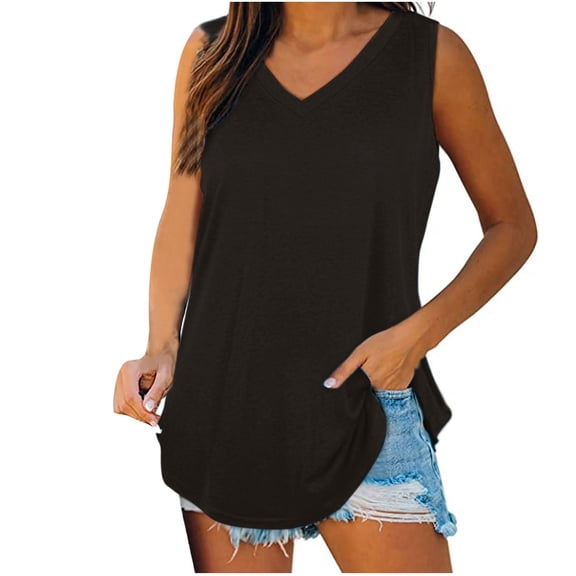 Besolor Summer Tank Tops for Women Casual V Neck Sleeveless Basic Tee Shirts Loose Flowy Solid Color T-Shirts