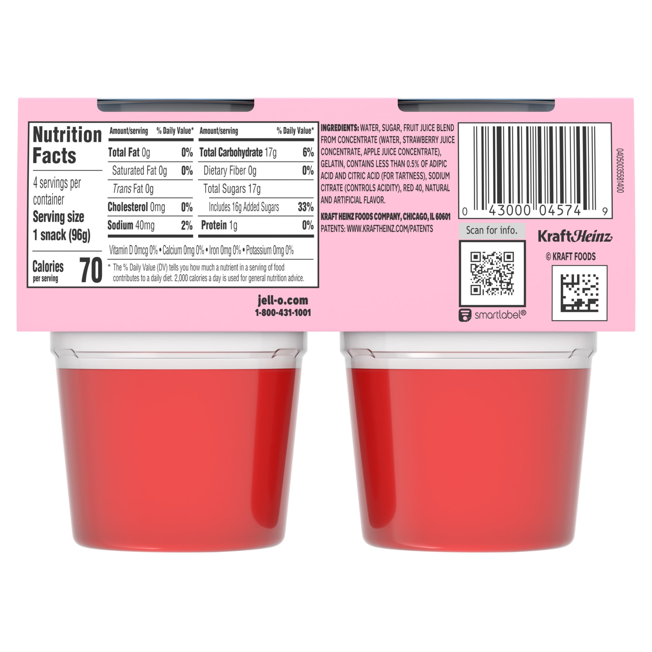 Jell-O Strawberry Gelatin Snack Cups 4 Count, Ready-to-Eat
