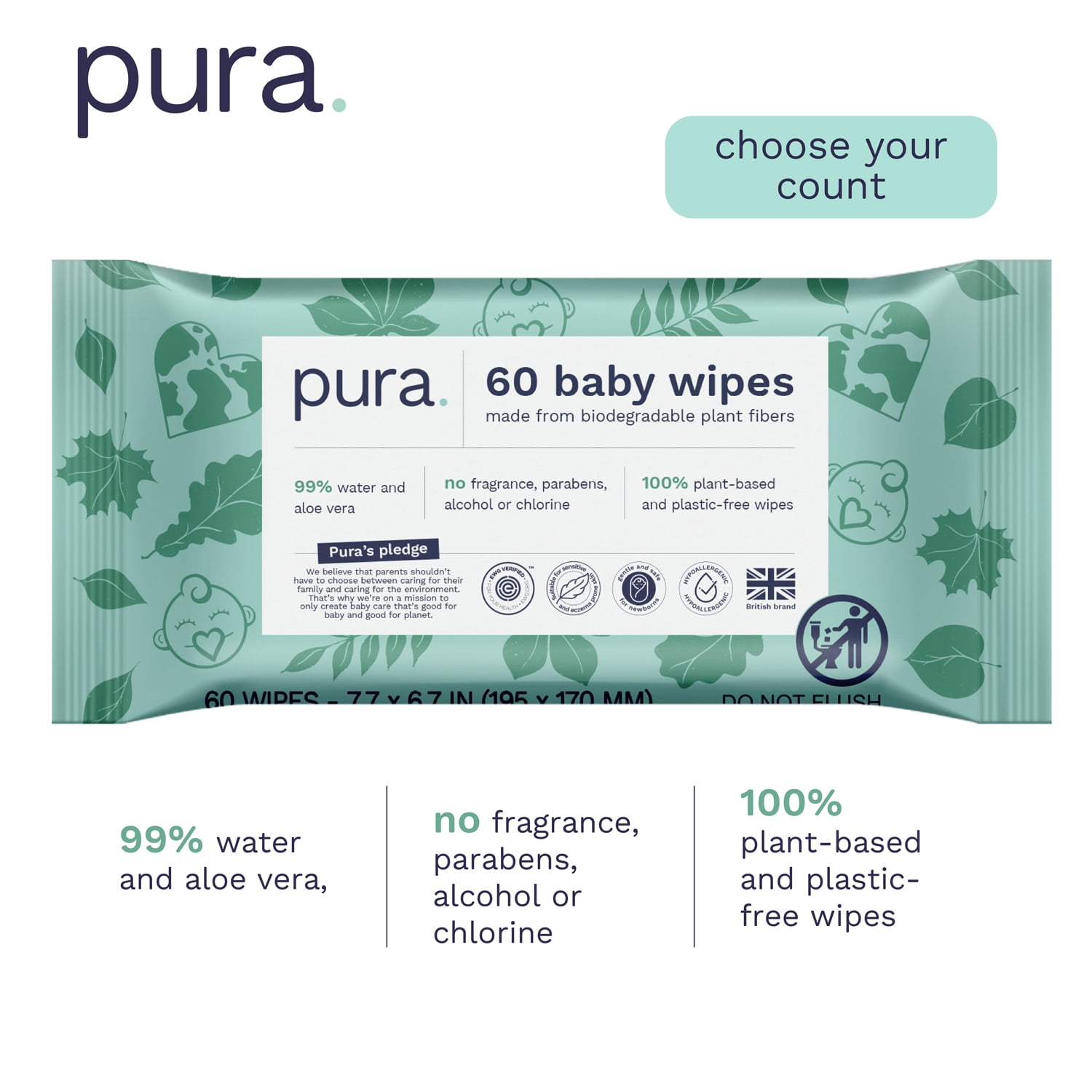 Pura Fragrance Free Sensitive EWG Verified Plastic Free Wipes (Choose