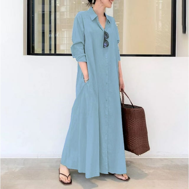 IDALL Robes Maxi, Robes Décontractées pour Femmes, Robe Chemise Longue en Coton et Lin avec Poches, Manches Longues, Robes Longues, Robes pour Femmes Bleues 1 Robe L