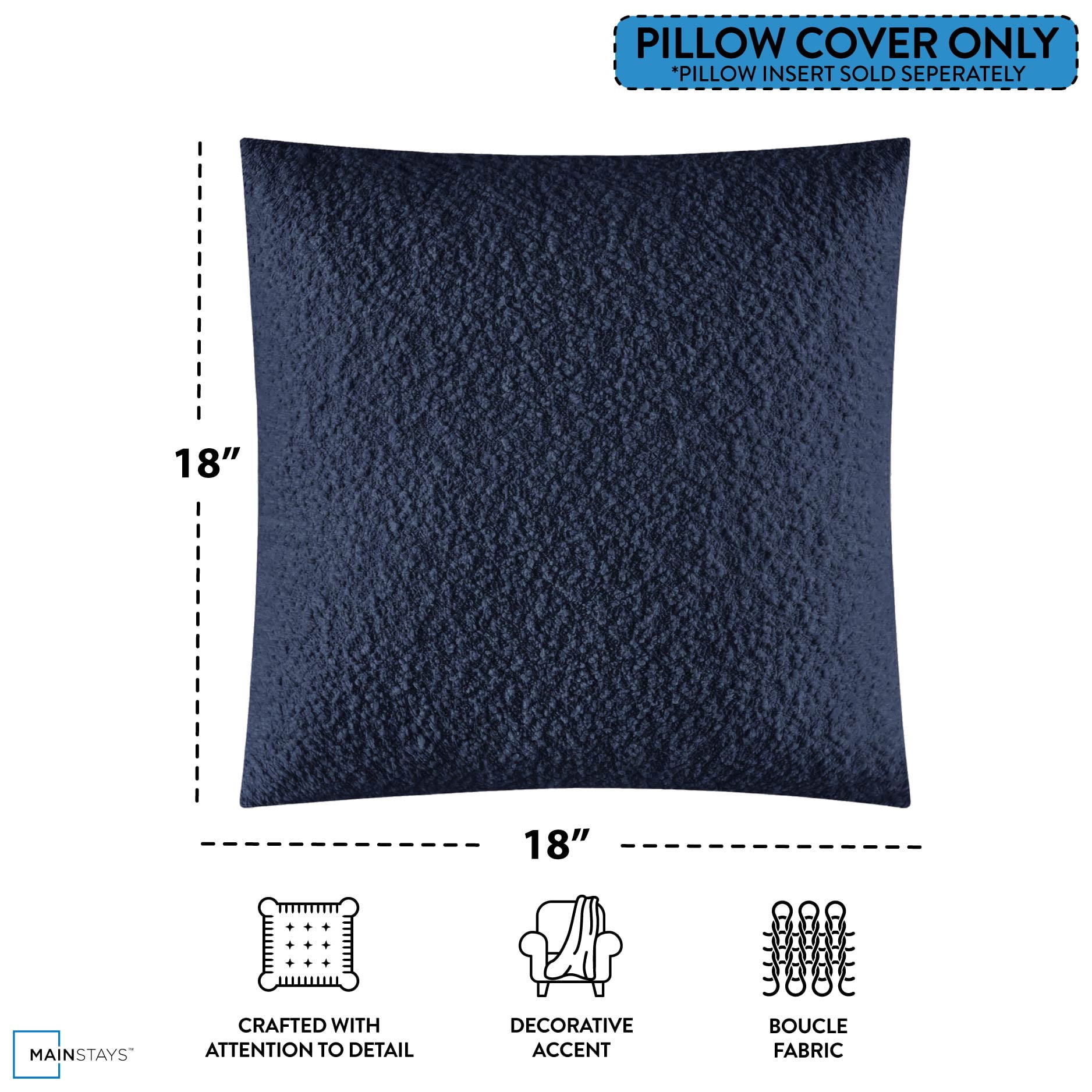 Mainstays 18"x18" Boucle Decorative Throw Pillow Cover- 2Pk- Washed Indigo
