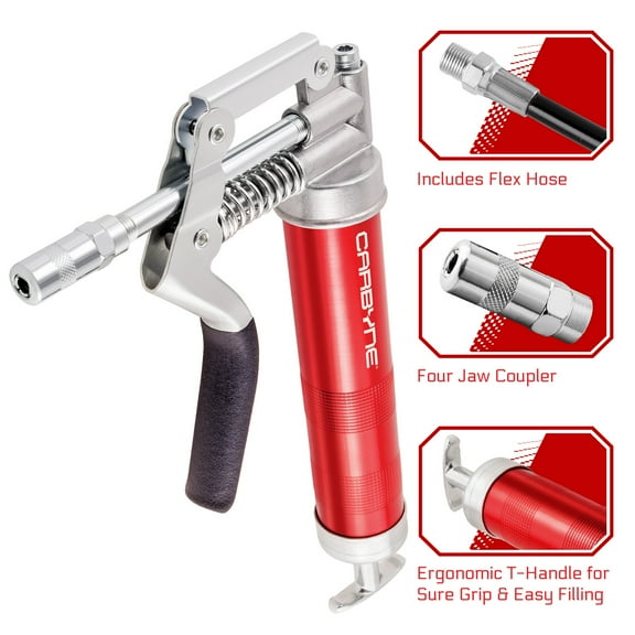 CARBYNE Mini Grease Gun - Pistol Grip, 3 Oz. Capacity, 3000 PSI, Anodized Aluminum Barrel, 12" Flex Hose and 4" Rigid Extension. Ideal For Automotive & Trailers, Agriculture, Industrial, Marine Use