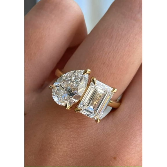 Toi Et Moi 3.50 Carat Pear & Emerald Lab-Grown Moissanite Diamond, Engagement Ring VVS1 Clarity, Her Wedding Gift Size- (5 - 13) Available
